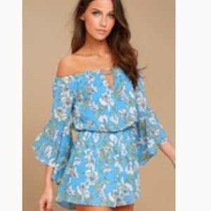 Stay sweet light blue floral print off the shoulder romper